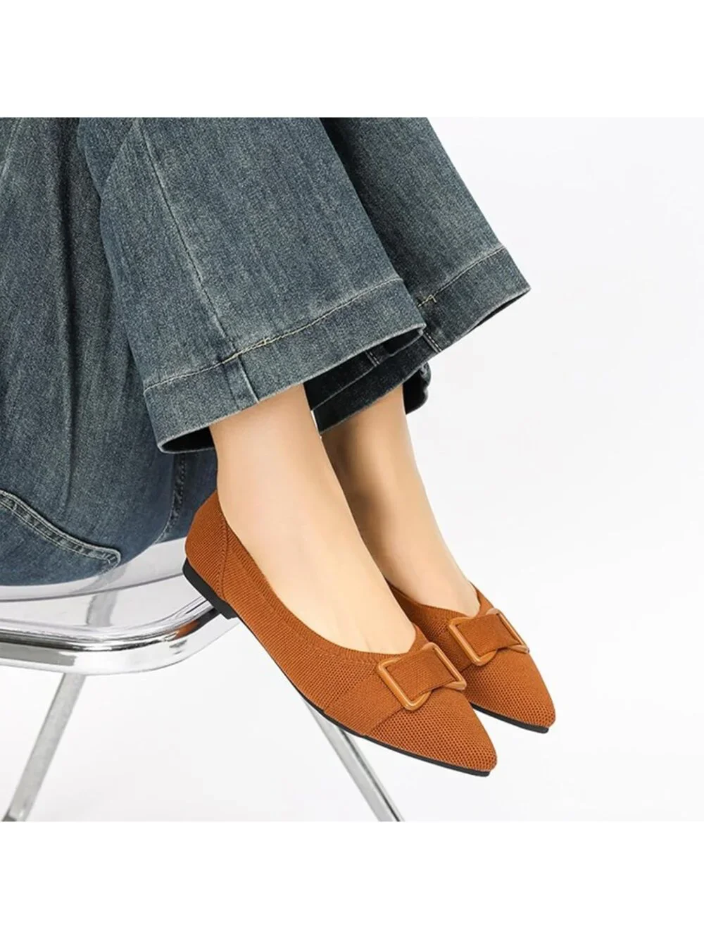 Women's Brown Comfortable Knit Ballet Flats Shoes Pointed Toe Dress Shoes
